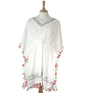 Ten Design White Swim Suit Cover Up W/ Colorful Fringe Tassels 100% Cotton